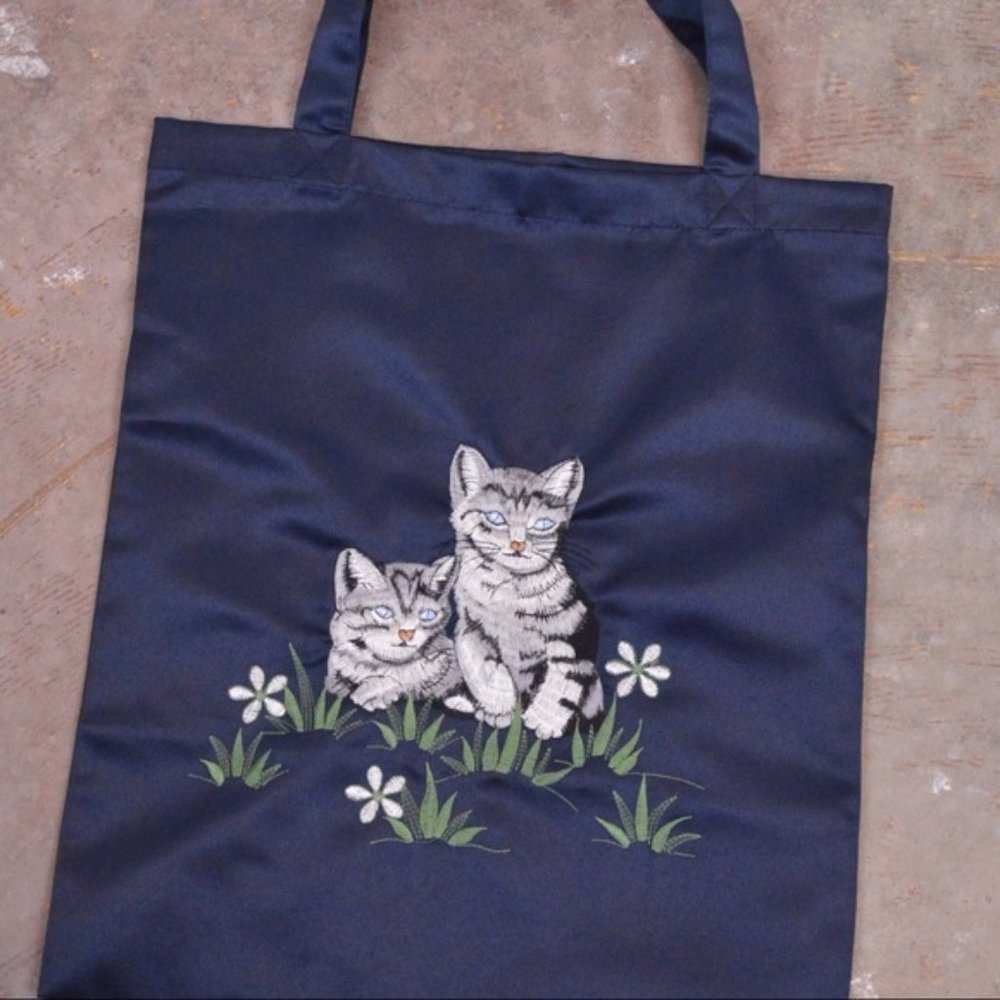 Lightweight Polyester Embroidered Kitten/Cat Navy Blue Tote